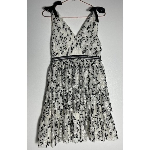 Bardot Womens Spaghetti Waistband Lace Embroidery Mesh Mini Dress Cream Black XS - Picture 1 of 12